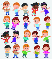 Cartoon character boys and girls. Set with different postures, attitudes and poses, doing different activities. Vector illustrations.