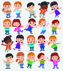 Cartoon character boys and girls. Set with different postures, attitudes and poses, doing different activities. Vector illustrations.