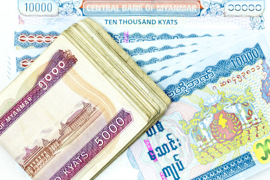 Currency banknotes spread across frame myanmar kyat in various denomination