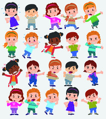 Cartoon character boys and girls. Set with different postures, attitudes and poses, always in negative attitude, doing different activities. Vector illustrations.
