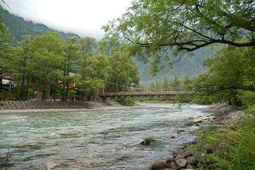 Kamikochi Kappa-Bashi bridge in summer rain / 初夏の雨と上高地 河童橋