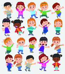 Cartoon character boys and girls. Set with different postures, attitudes and poses, doing different activities. Vector illustrations.