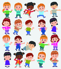 Cartoon character boys and girls. Set with different postures, attitudes and poses, doing different activities. Vector illustrations.