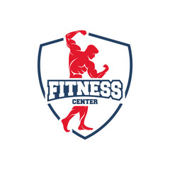 Fitness logo badge with muscle man, Gymnastic logo template vector, Body Build logo badge