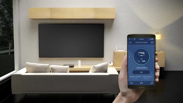 Touching IoT mobile application, 3D Living room TV, Smart home appliances, TV on-off control. Internet of Things, 4K movie.