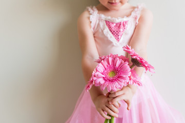 Obraz na płótnie Canvas Cropped view of little girl in pink dance costume holding pink gerberas against neutral wall background (selective focus)