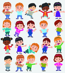 Cartoon character boys and girls. Set with different postures, attitudes and poses, doing different activities. Vector illustrations.