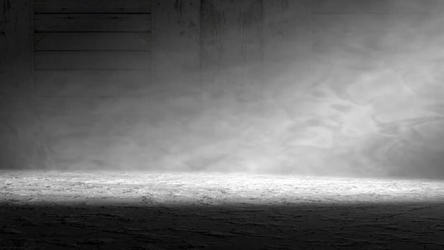 Fondo de suelo de cemento en la oscuridad. Humo y niebla en movimiento con luz de foco