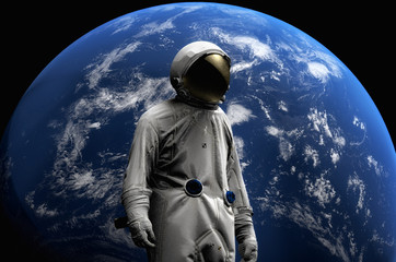 Astronaut on space mission flying around our blue planet. Earth on background. Cosmos. 3D render