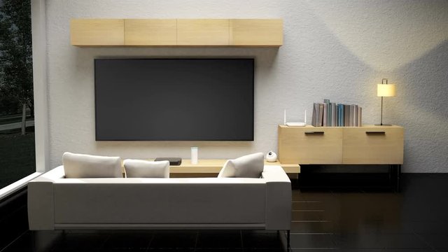 Living room light energy saving efficiency control, Smart home appliances,  internet of things. 4k movie.