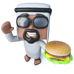 3d Funny cartoon Arab sheik character holding a cheeseburger snack