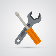 Colored flat icon, vector design with shadow. Crossed turnscrew and wrench. Illustration for repairs, manufactory and building tools