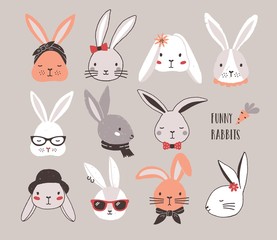 Collection of funny bunnies. Set of cute rabbits or hares wearing glasses, sunglasses, hats and scarves. Bundle of heads or faces of cartoon animals isolated on light background. Vector illustration.