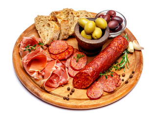 Dried organic salami sausage or spanish chorizo on wooden cutting board