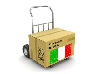 Cardboard Box on Hand Truck with Italian flag. Image with clipping path