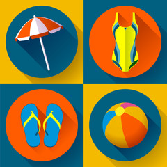 Summer icons set - beach umbrella, swimsuit, Vietnamese slippers, beach ball - what to take to the beach