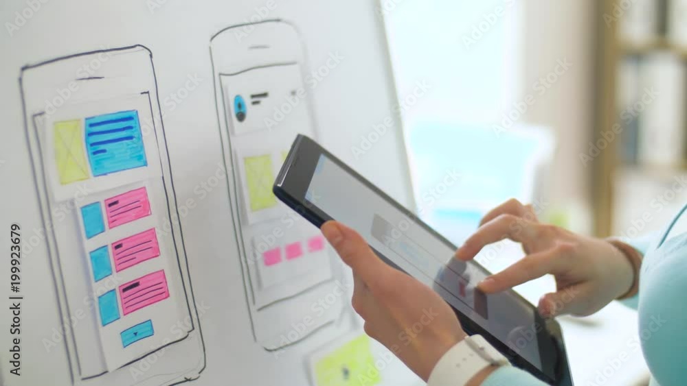 Aufkleber technology, interface design and people concept - hands of creative woman or developer with tablet p
