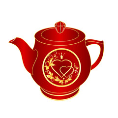 Teapot of red porcelain  gold ornament heart  with crown and leaves vintage vector illustration editable hand draw