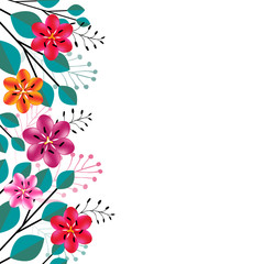 Flowers. Abstract floral background. Multicolored pattern. Bright. Border. Red. Pink. Purple. Leaves. Bouquet. Frame.