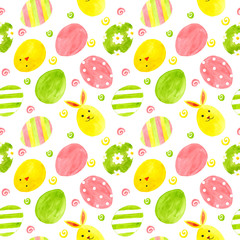 Pattern seamless from Easter eggs in watercolor. Multicolored eggs and spirals on a white background.