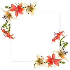 Fototapeta premium Lilies. Flowers. Floral background. Bouquet. Green leaves. Buds. Petals. Vector illustration. Border. Frame.