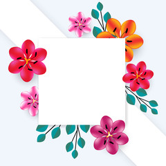 Flowers. Abstract floral background. Multicolored pattern. Bright. Border. Red. Pink. Purple. Leaves. Bouquet. Frame.