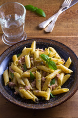 Tuna, basil and caper penne. Pasta with tuna fish
