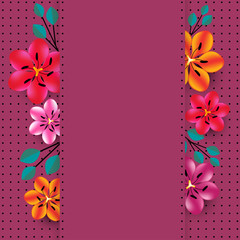 Flowers. Abstract floral background. Multicolored pattern. Bright. Border. Red. Pink. Purple. Leaves. Bouquet. Frame.