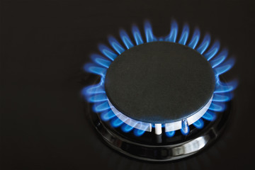 Burning blue gas on the dark stove. Burner gas stove, concept of energy. Closeup, selective focus
