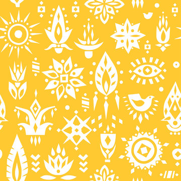 Vector seamless pattern of stylized white african flowers on a yellow background.