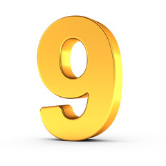The number nine as a polished golden object with clipping path