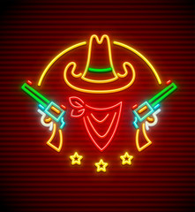 Texan western hat with guns. Neon signboard for bar or club.