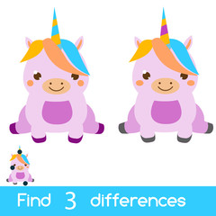 Find the differences educational children game. Kids activity sheet with cute unicorn