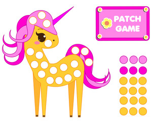 Patch game rainbow for children. Educational activity for kids and toddlers. Cute unicorn
