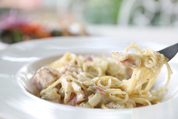 Spaghetti carbonara white sauce with bacon and cheese