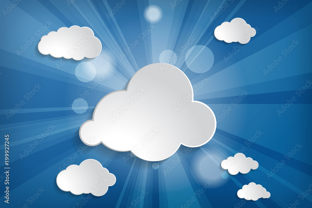 Poster abstract background with sun rays and clouds on a blue backgroun