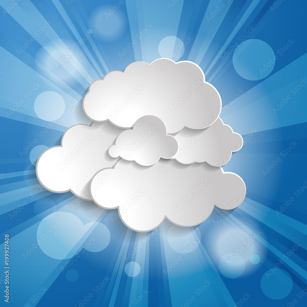 Poster abstract background with sun rays and clouds on a blue backgroun