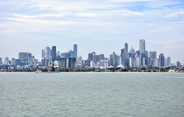 Panorama of Melbourne city skyline as viewed from Port Phillip Bay