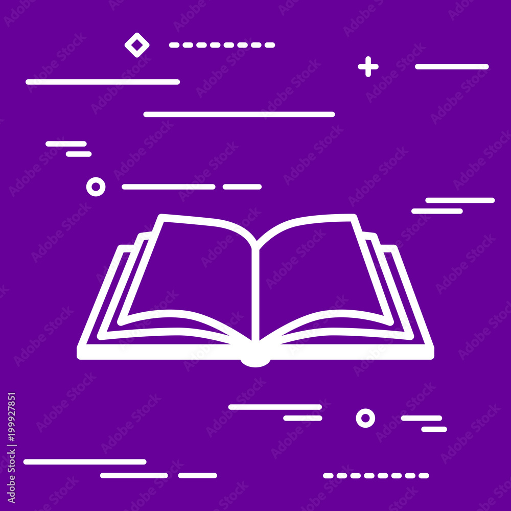 Poster white flat linear design graphic image concept of open book icon a ultra violet background