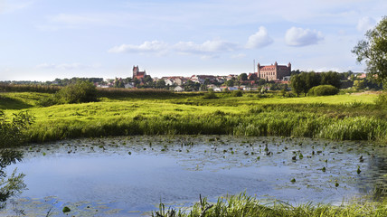 The city of Gniew with the Teutonic castle and Gothic parish church. St. Nicholas. Panorama made on the meadow from behind the water pond