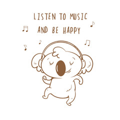 Postcard with cute cartoon koala  listening to music in earphones. Vector contour  image no fill. Little funny baby animal. Children's illustration and coloring book.