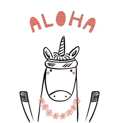 Foto op Aluminium Hand drawn portrait of a cute funny unicorn in flower chain, visor, with text Aloha. Isolated objects on white background. Line drawing. Vector illustration. Design concept for children print. © Maria Skrigan