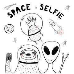 Hand drawn portrait of a cute funny sloth, pineapple, alien in space, taking selfie. Isolated objects on white background. Line drawing. Vector illustration. Design concept for children print.