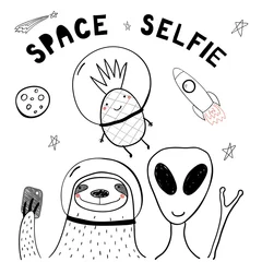 Papier Peint photo autocollant Illustration Hand drawn portrait of a cute funny sloth, pineapple, alien in space, taking selfie. Isolated objects on white background. Line drawing. Vector illustration. Design concept for children print.