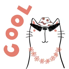 Sierkussen Hand drawn portrait of a cute funny cat in flower chain, bucket hat, sunglasses, with text. Isolated objects on white background. Line drawing. Vector illustration. Design concept for children print. © Maria Skrigan