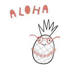 Sierkussen Hand drawn portrait of a cute funny pineapple in flower chain, glasses, with text Aloha. Isolated objects on white background. Line drawing. Vector illustration. Design concept for children print. © Maria Skrigan
