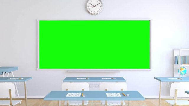 School classroom with desks and blackboard with track green screen