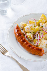 grilled sausage with classical potato salad with mayonnaise dressing on white backgound