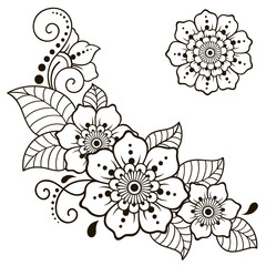 Fototapeta na wymiar Henna tattoo flower template and border. Mehndi style. Set of ornamental patterns in the oriental style.