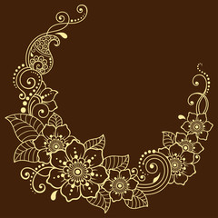 Henna tattoo flower template and border. Mehndi style. Set of ornamental patterns in the oriental style.